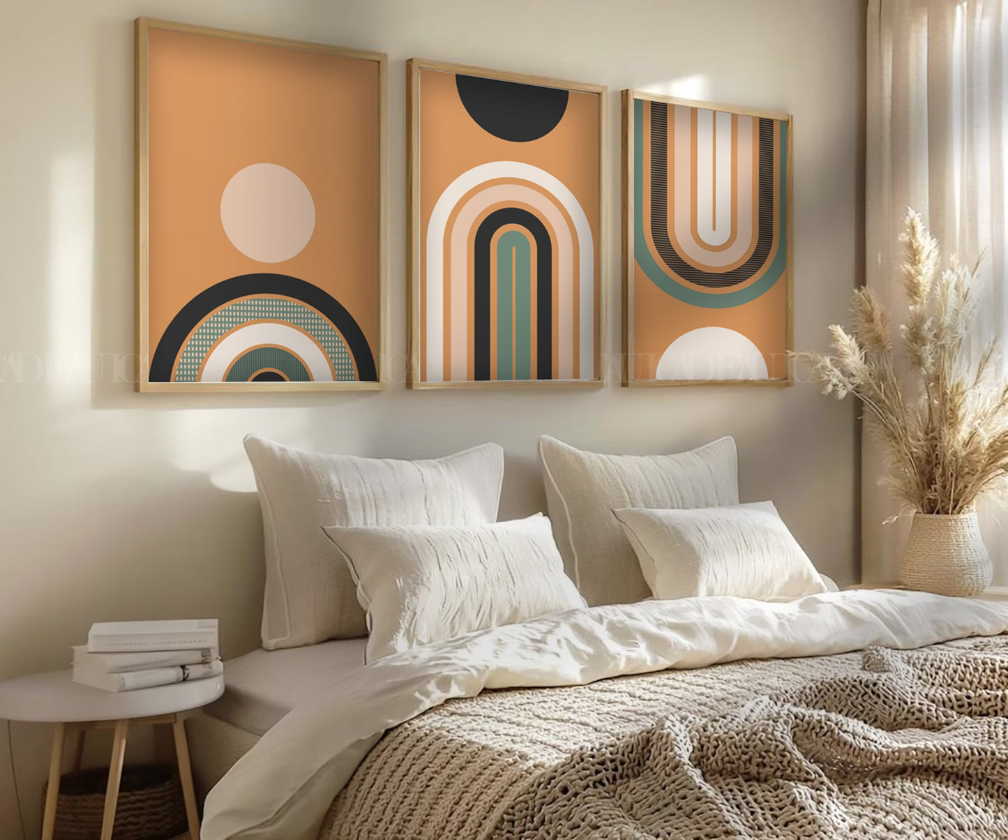 Set of boho Circles orange framed canvas.