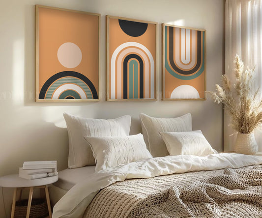 Set of boho Circles orange framed canvas.