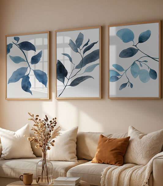 Set of 3 BLUE Wall Art Prints, Art .Style.