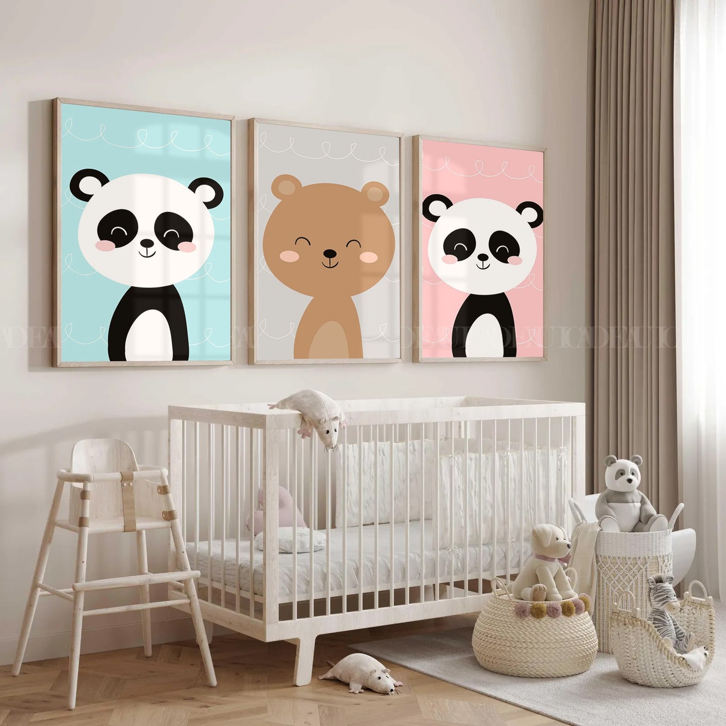Set of 3,Panda Nursery Art Prints,Boho Baby Room Decor