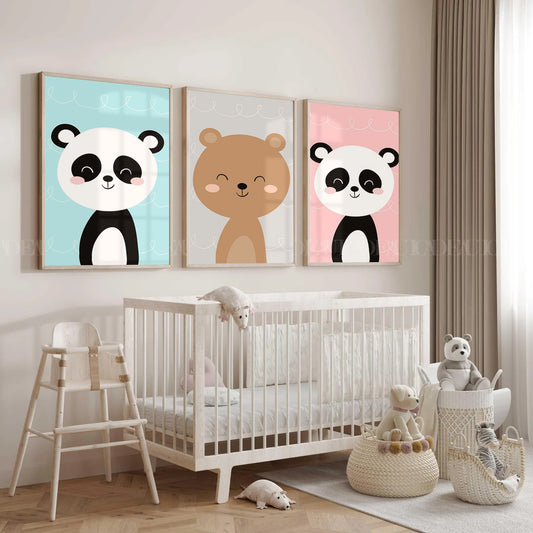 Set of 3,Panda Nursery Art Prints,Boho Baby Room Decor