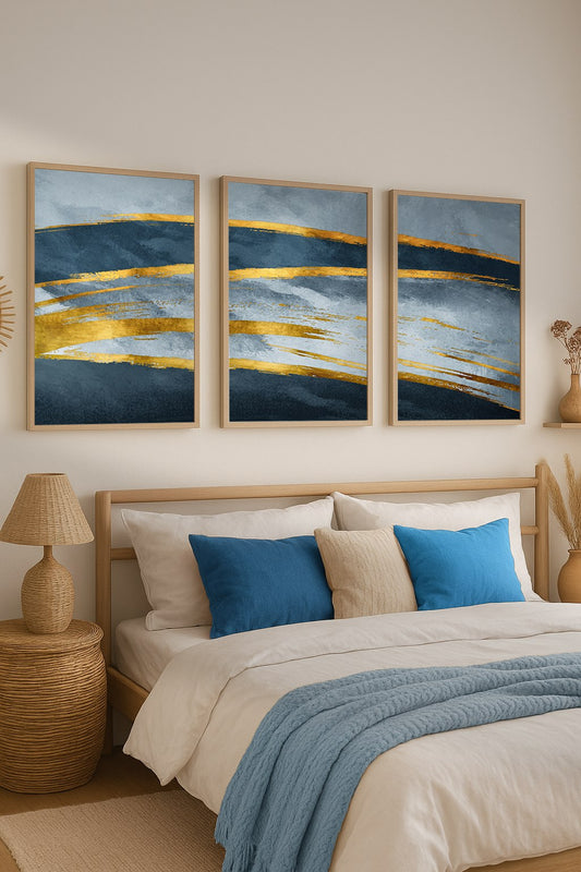 Set of 3 Abstract Wall Art Prints,gray,blue,gold,bed, Minimalist Neutral Art.