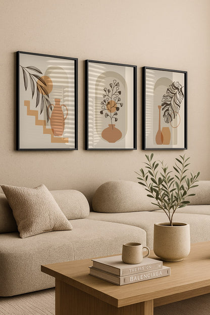 Set of 3 Abstract Wall Art Prints,black,Beige,white,living, boho,style