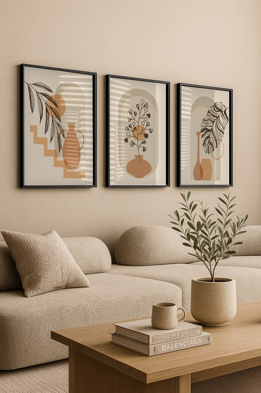Set of 3 Abstract Wall Art Prints,black,Beige,white,living, boho,style
