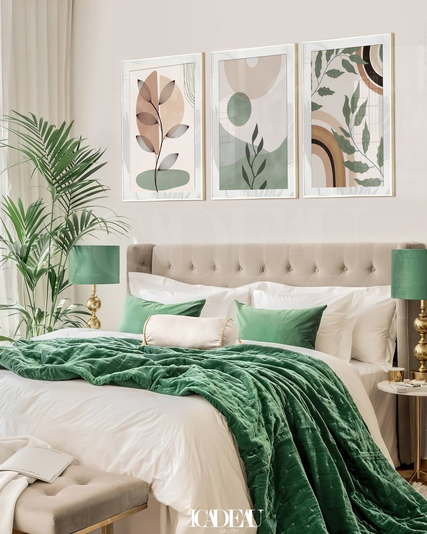 Set of 3 Abstract Wall Art Prints,green,Beige,white,bed, boho,style
