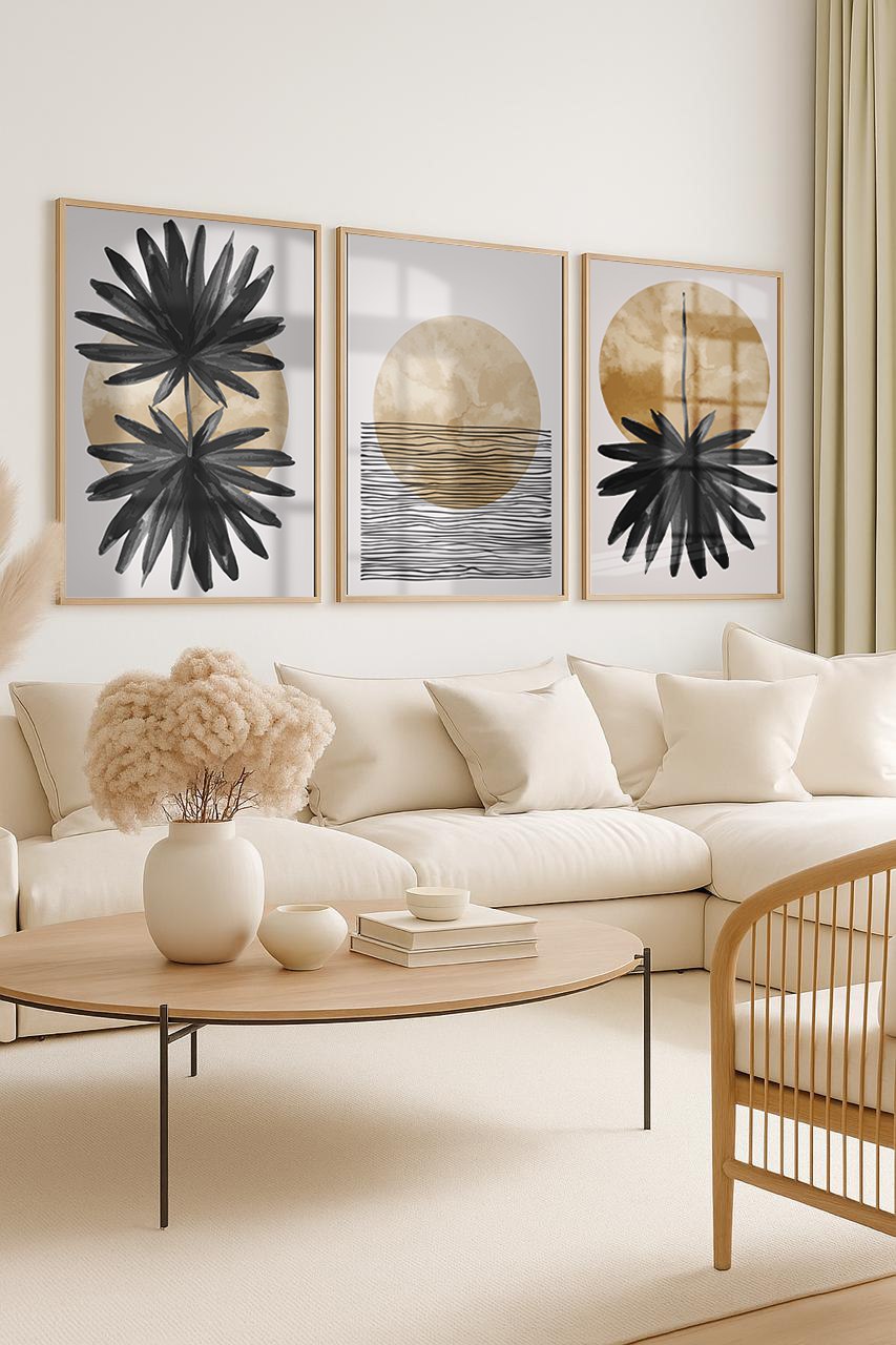 Set of 3 Abstract Wall Art Prints,black,Beige,white,living, boho,style