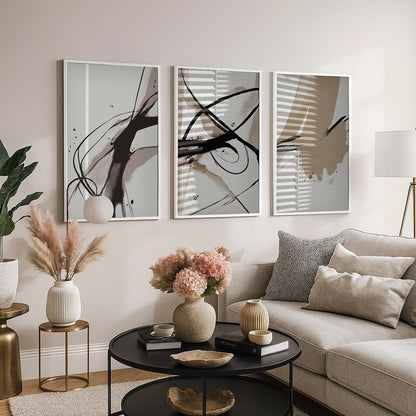 Set of 3 Abstract Wall Art Prints,black,Beige,white,living .Room
