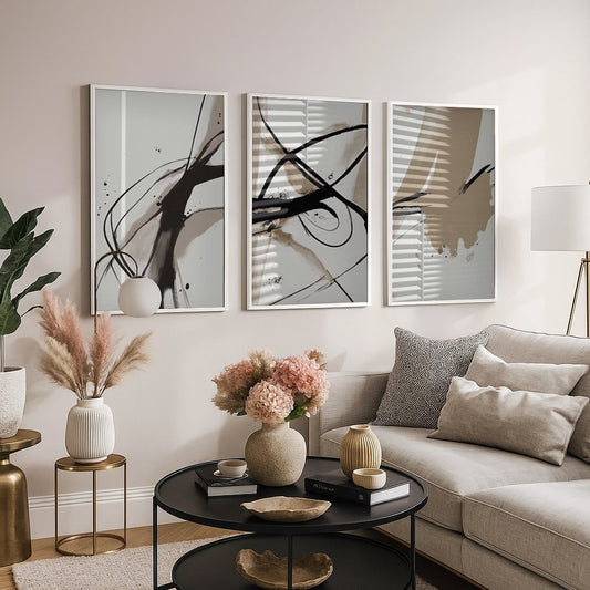 Set of 3 Abstract Wall Art Prints,black,Beige,white,living .Room
