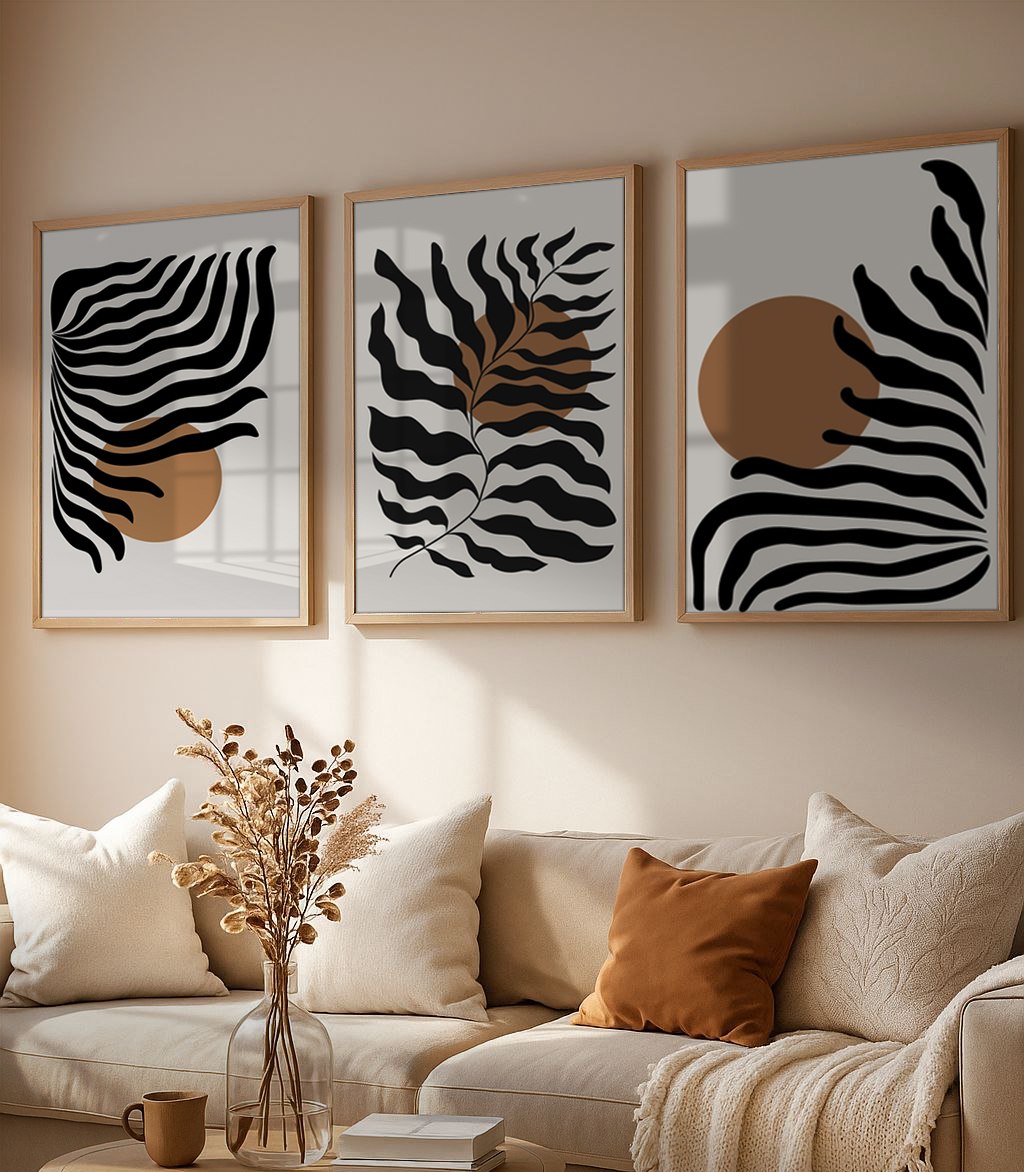 Set of 3 Abstract Wall Art Prints,living, boho,style.moon,leaf