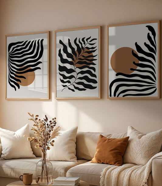 Set of 3 Abstract Wall Art Prints,living, boho,style.moon,leaf