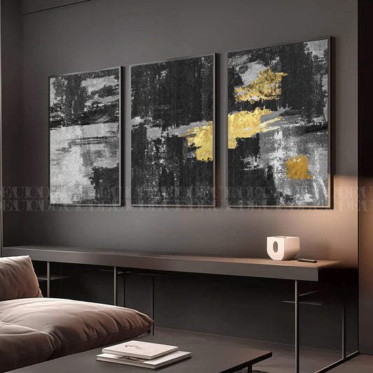 Set of 3 Abstract Wall Art Prints,gray,Black,Gold,living, Minimalist Neutral Art.