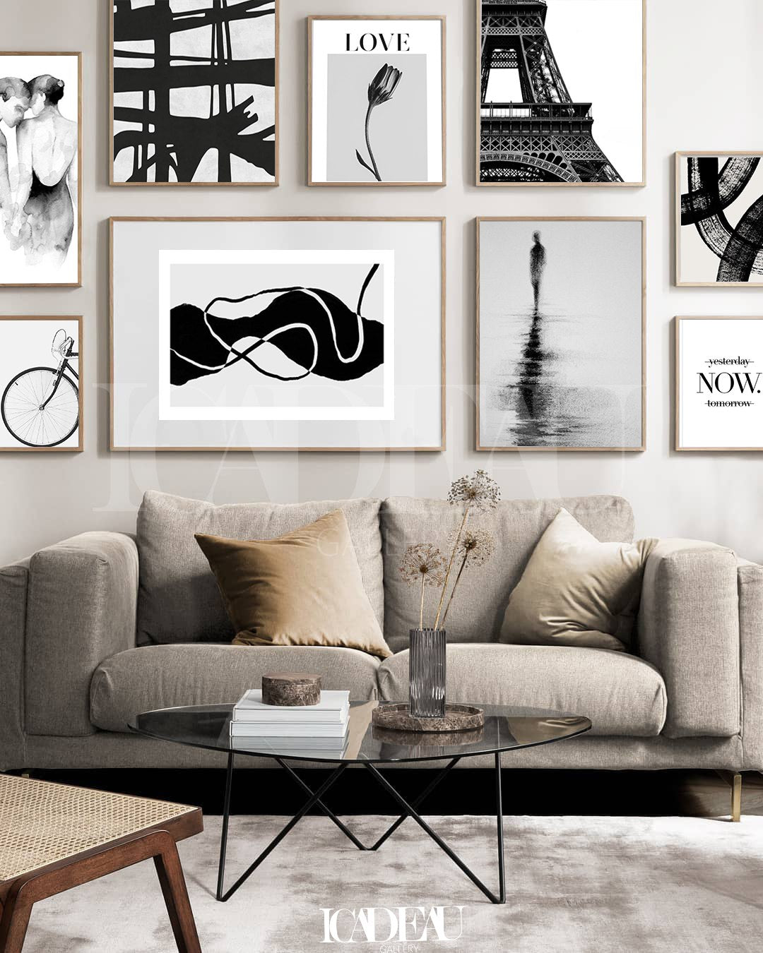 b&w set with bold abstract art.