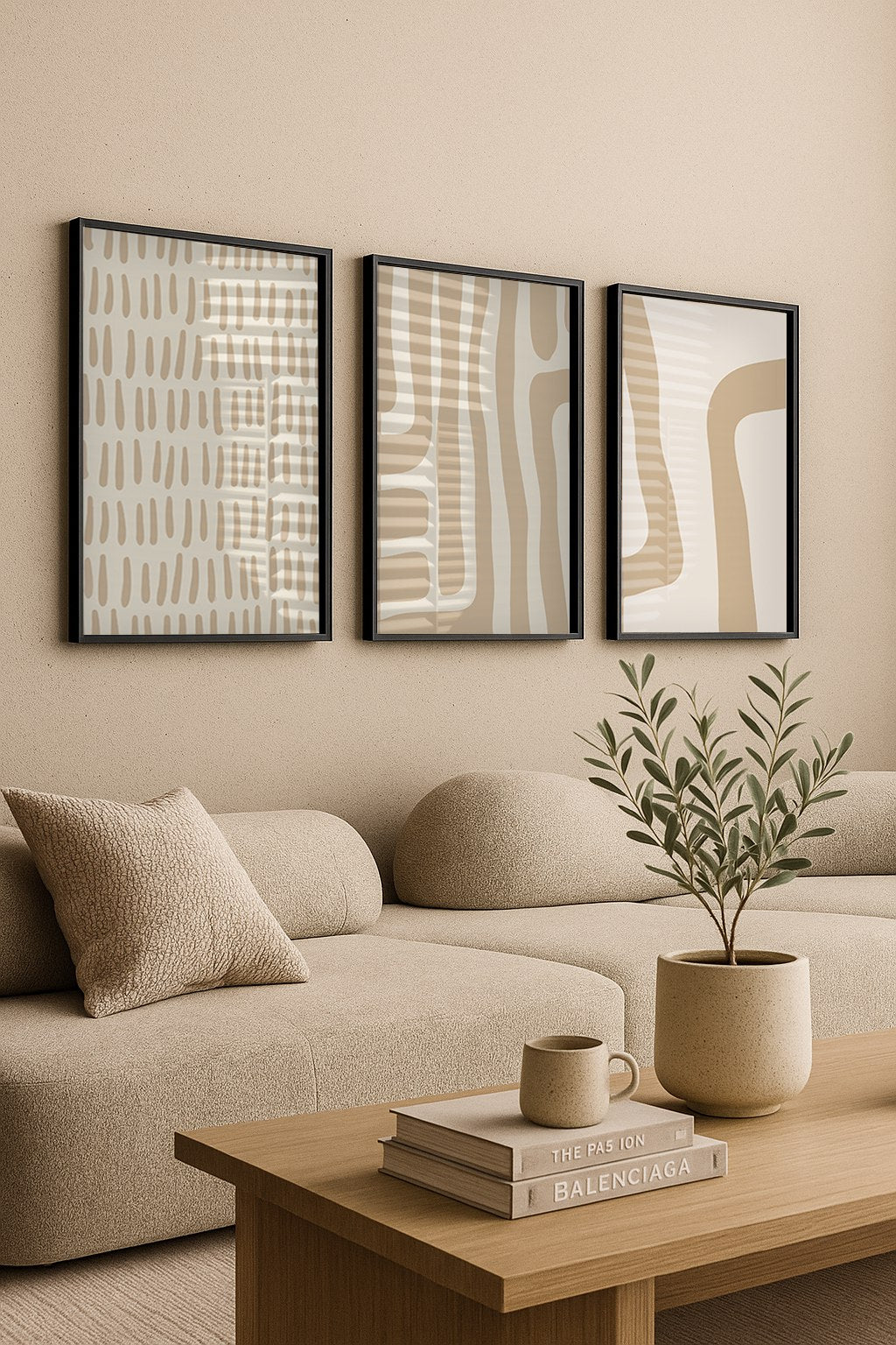 Set of 3 Abstract Wall Art Prints,Beige,white,living,Room ,flower