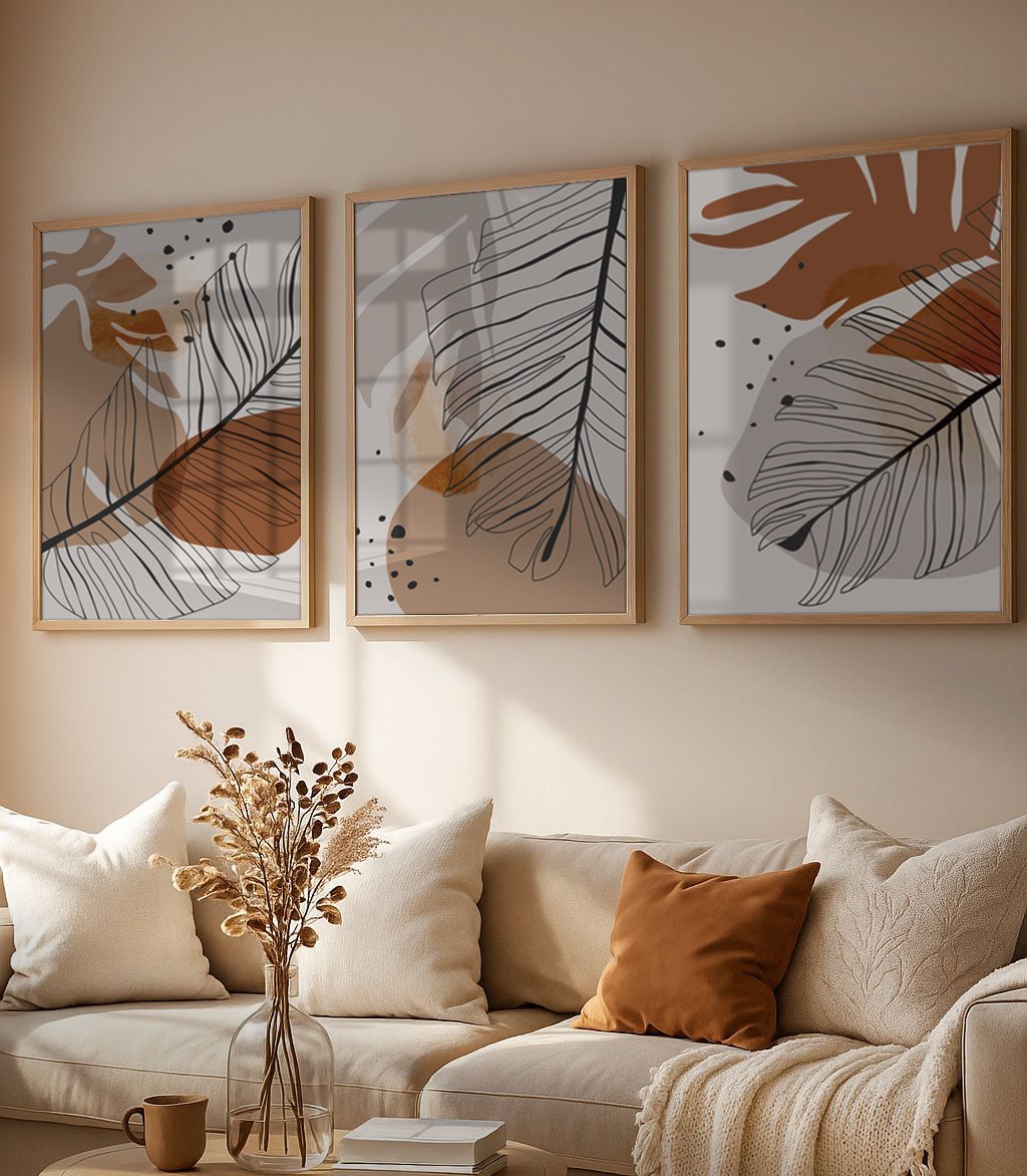 Set of 3 Abstract Wall Art Prints, ,living, boho,style,livingroom ,orange