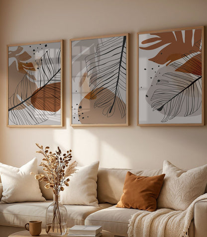 Set of 3 Abstract Wall Art Prints, ,living, boho,style,livingroom ,orange
