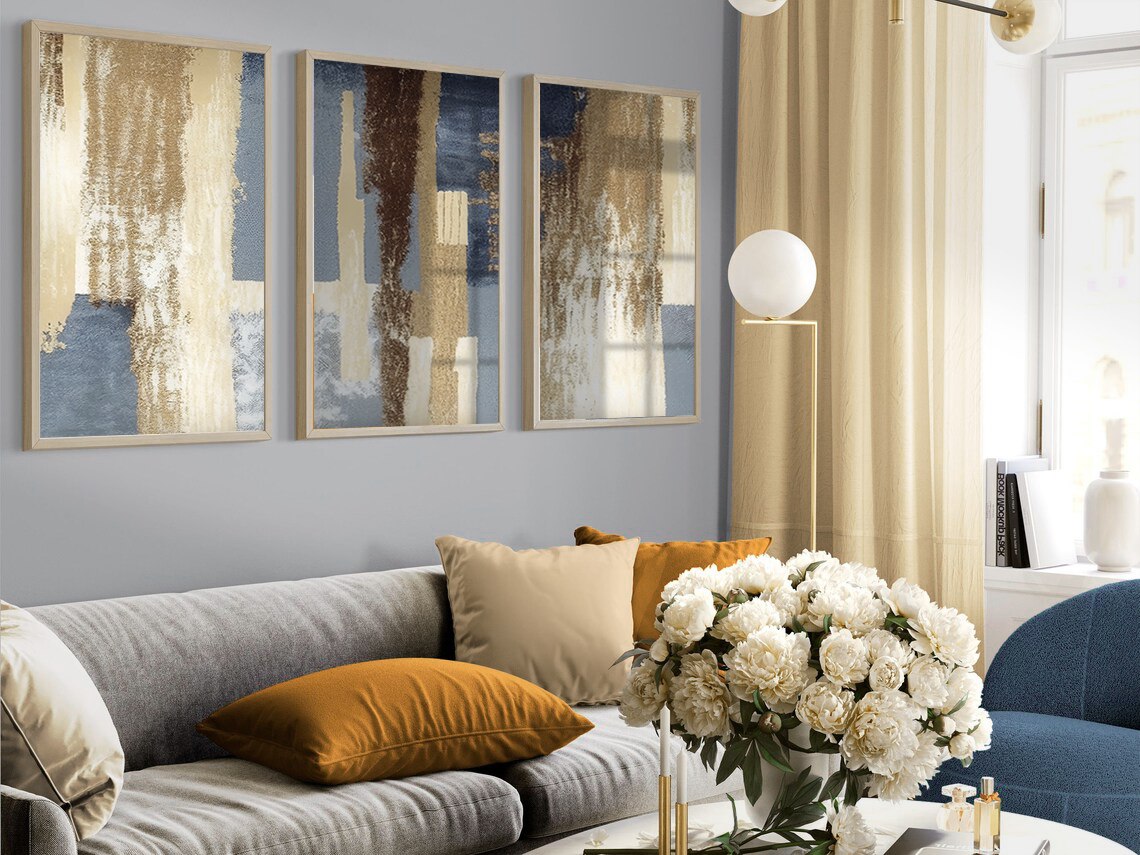 Set of 3 Abstract Wall Art Prints,gold ,Beige,blue,living,minimal,style