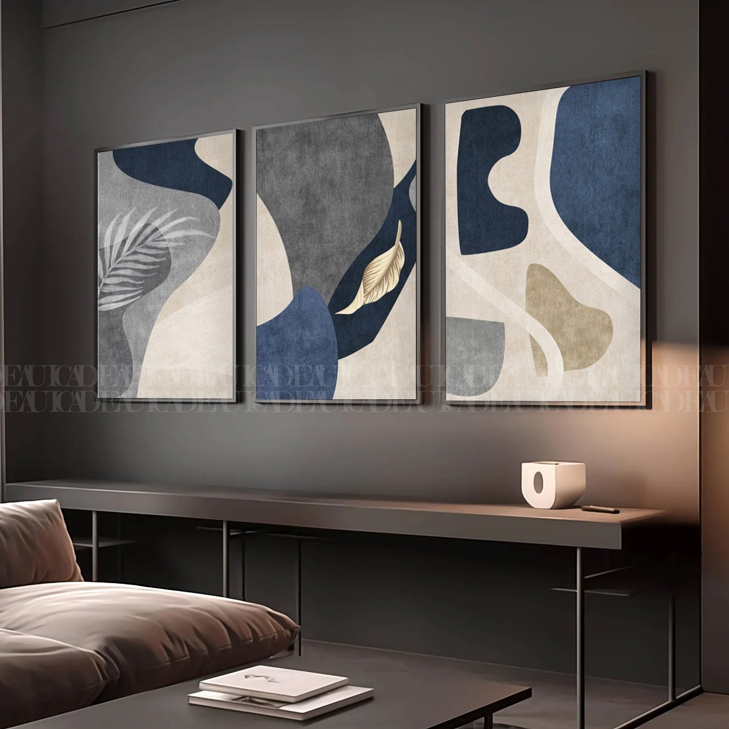 Set of 3 Abstract Wall Art Prints,gray,Beige,blue,living, Minimalist Neutral Art.