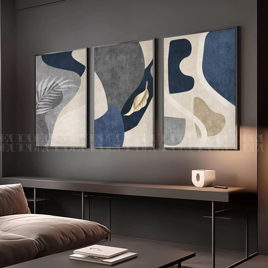 Set of 3 Abstract Wall Art Prints,gray,Beige,blue,living, Minimalist Neutral Art.