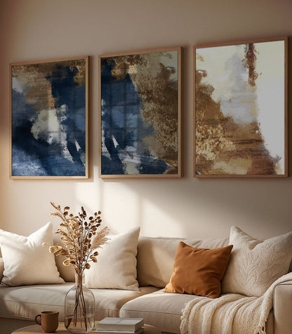 Set of 3 Abstract Wall Art Prints,blue,Beige,gold,living, Minimalist Neutral Art.