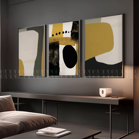 Set of 3 Abstract Wall Art Prints,yallow,Beige,Black,living, Minimalist Neutral Art.