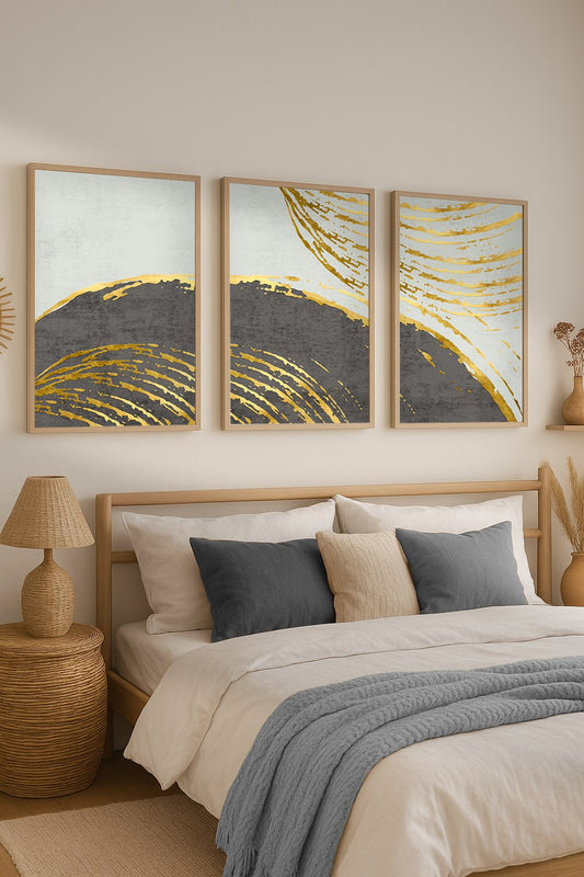 Set of 3 Abstract Wall Art Prints,gray,Beige,Gold,bed, Minimalist Neutral Art.