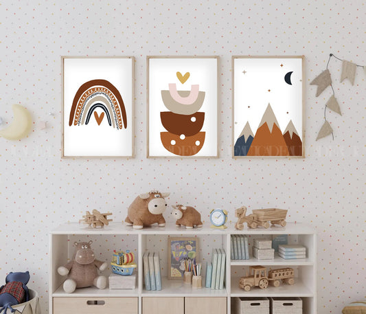 Set of 3 Nursery Prints Mountain Art.