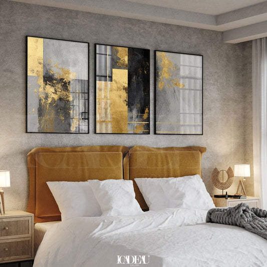 Set of 3 Abstract Wall Art Prints,gray,Gold,Black,bed, Minimalist Neutral Art.