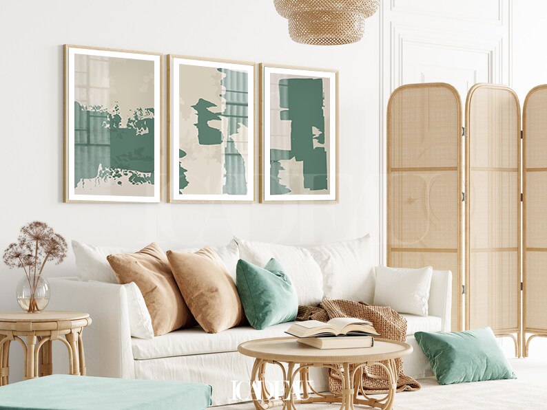 Set of 3 Abstract Wall Art Prints,green,Beige,living, minimal,style