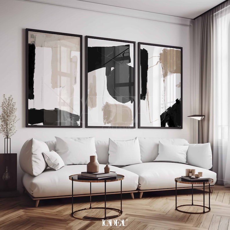 Set of 3 Abstract Wall Art Prints,Black,Beige,white,living, Minimalist Neutral Art.