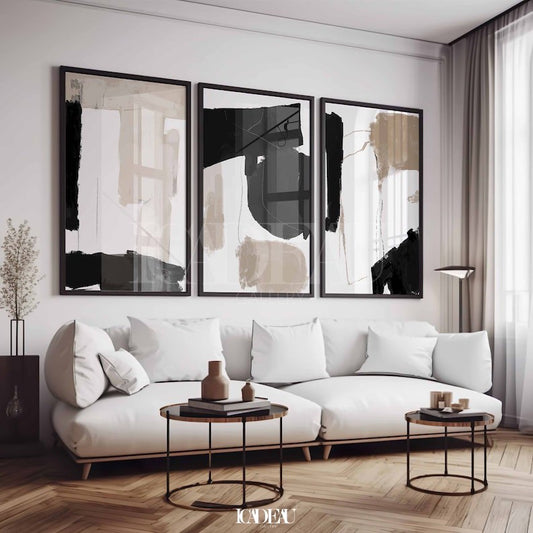 Set of 3 Abstract Wall Art Prints,Black,Beige,white,living, Minimalist Neutral Art.